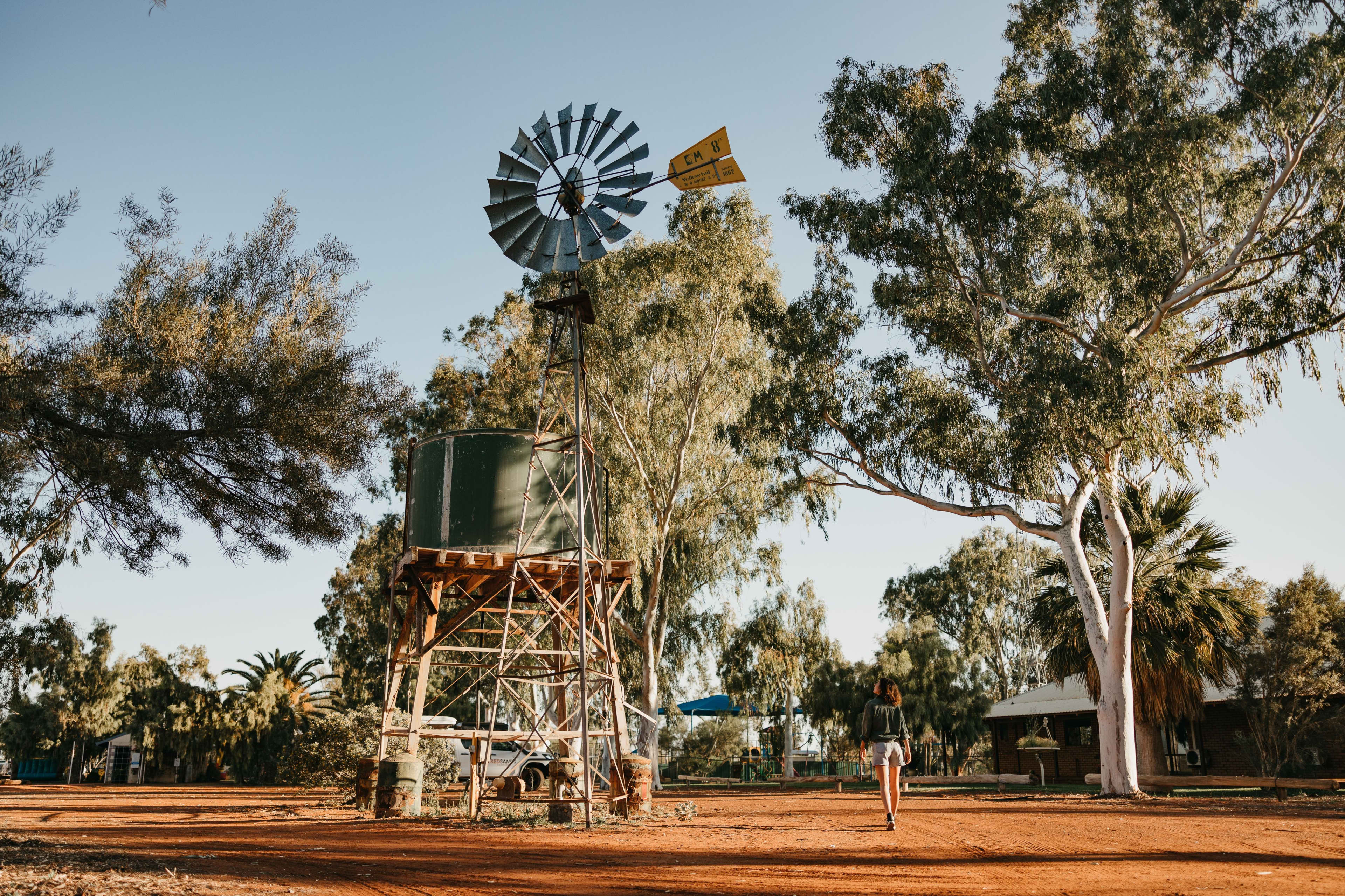 A woman walks away from the camera along a red dirt path toward a settlement, passing a tall metal windmill and water tank structure surrounded by large eucalyptus trees under a clear blue sky.