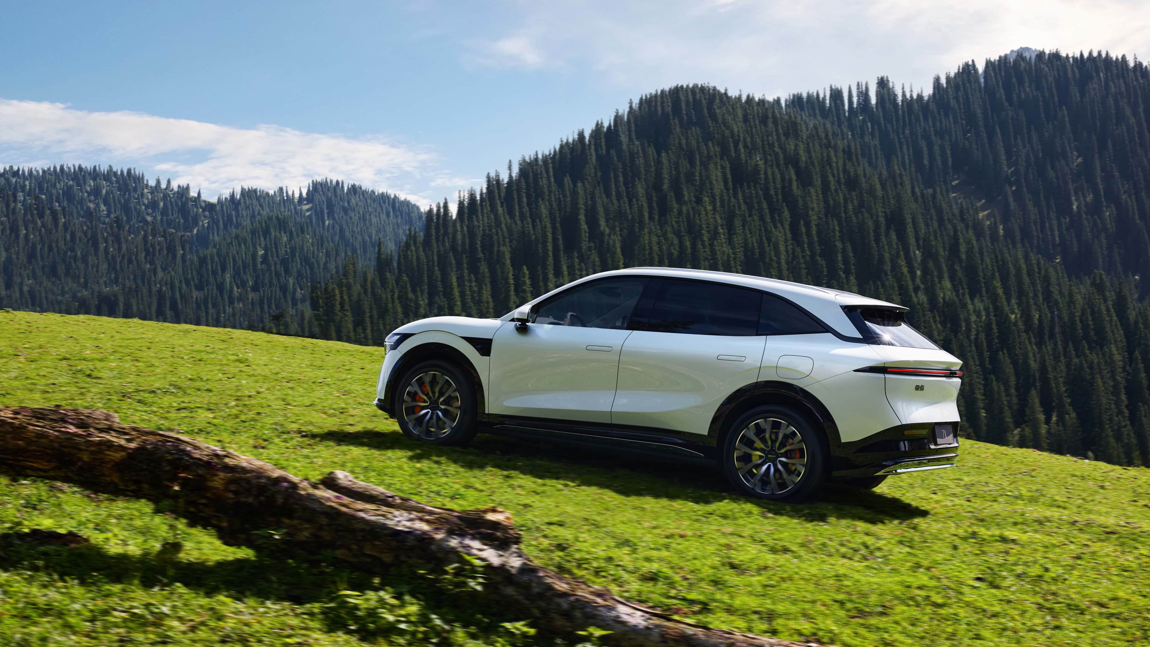 A white Zeekr 7x on a green hillside