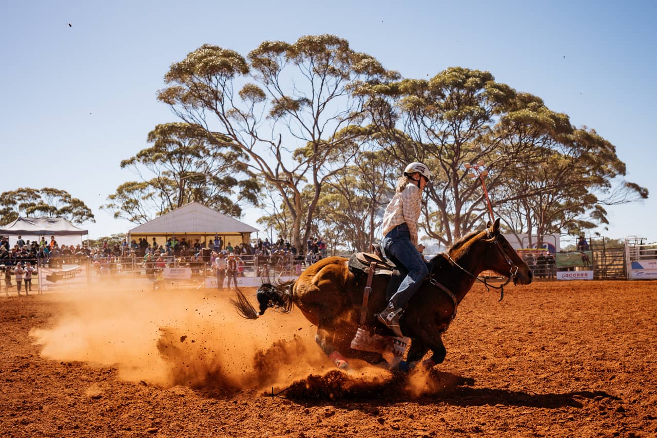 A female rider leans into a sharp turn during a barrel racing event, kicking up a large cloud of orange-red dust on a dirt arena. She wears a helmet, long-sleeved shirt, and jeans while riding a galloping bay horse. In the background, a crowd of spectators sits under a white tent and behind metal fencing, surrounded by tall eucalyptus trees under a clear blue sky.
