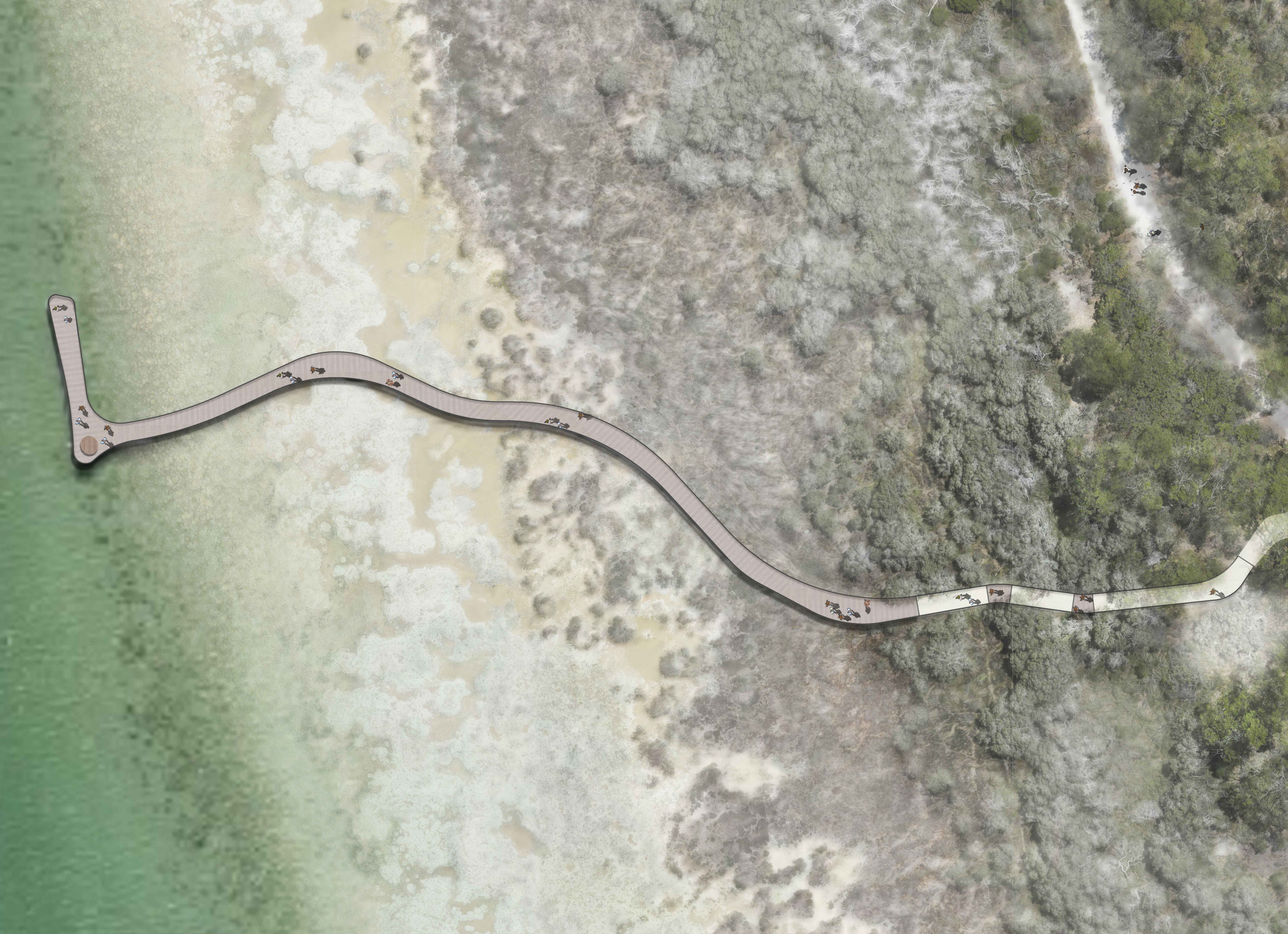 An architectural site plan showing a top-down aerial illustration of a curved wooden boardwalk path. The boardwalk winds from a green, wooded area on the right, across a textured, sandy marsh landscape, and extends over a body of light green water on the left, ending in an L-shaped viewing platform. Small, stylized silhouettes of people are scattered along the walkway to indicate scale.