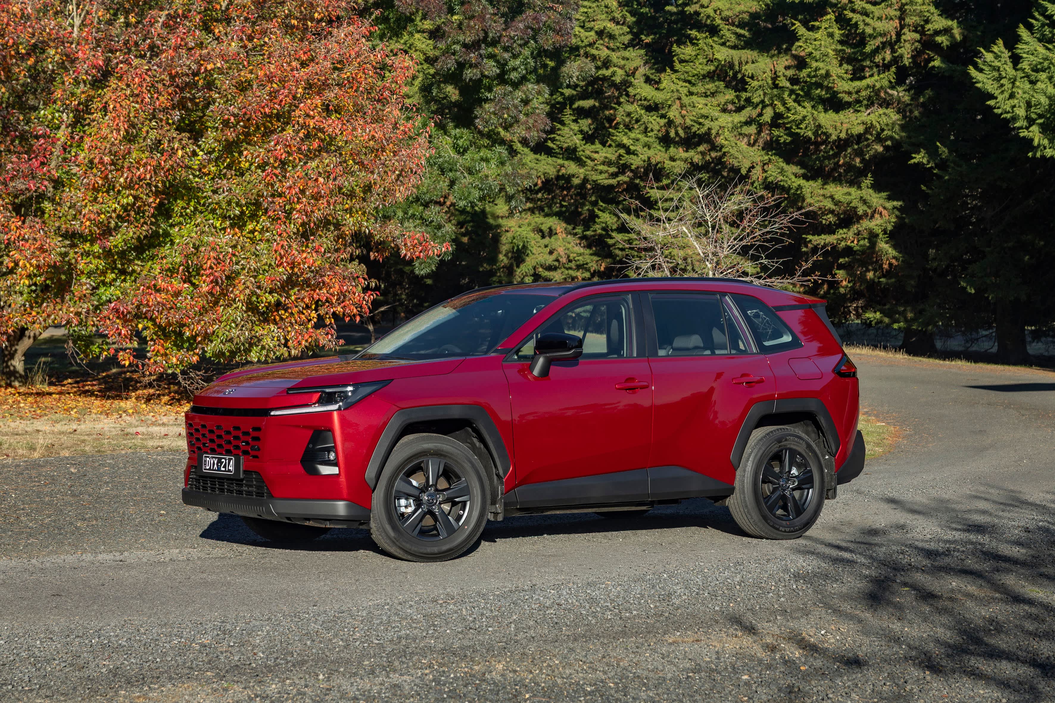 A red Toyota RAV-4 PHEV vehicle on a tree lined road.