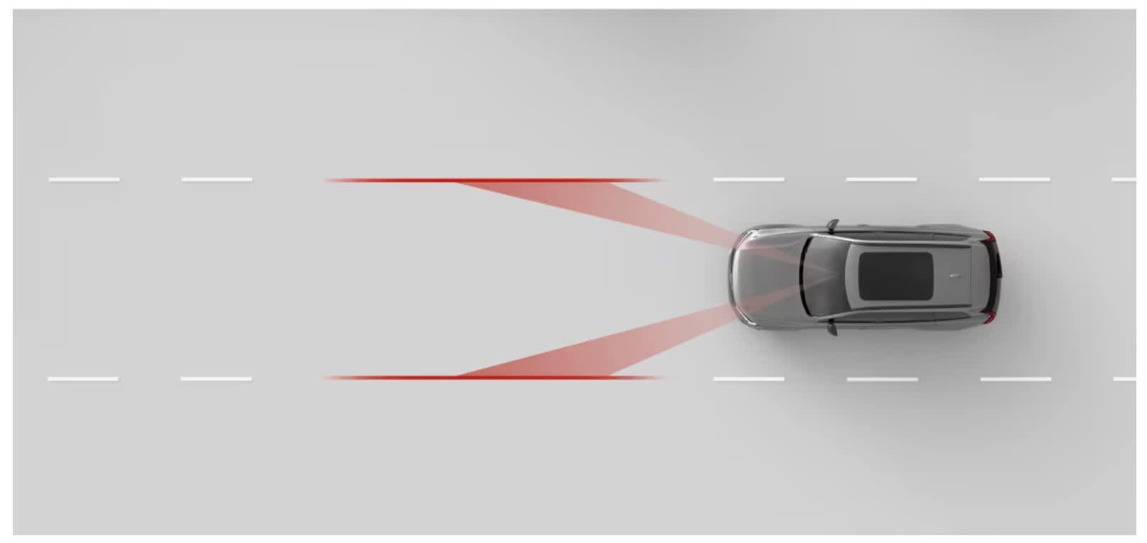 A graphic showing a car in a road lane indicated by dotted lines, with red lines to show how lane keeping technology works.