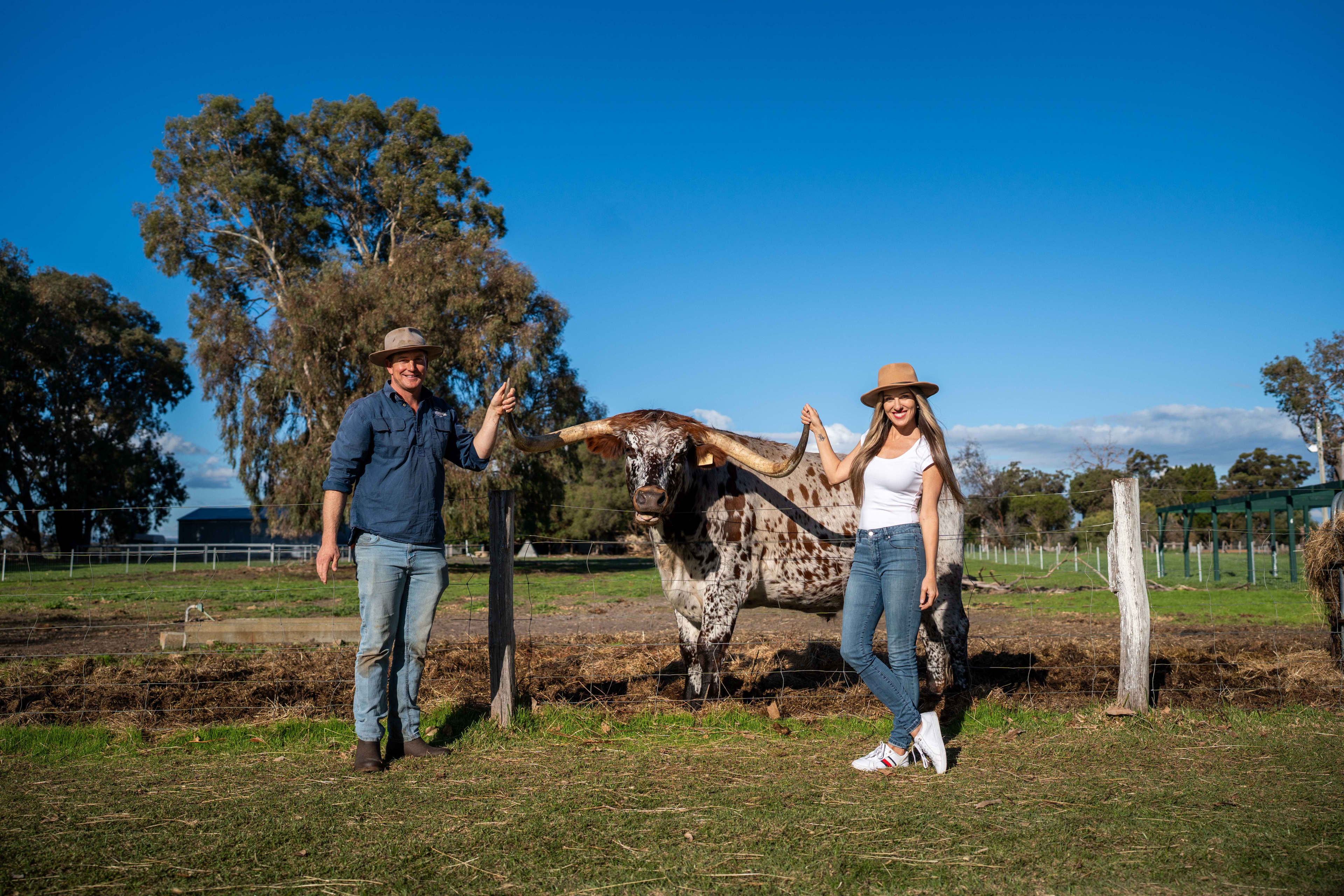 A man and a woman stand on either side of a Texas Longhorn cow, each holding the end of its horns, in a country backdrop.
