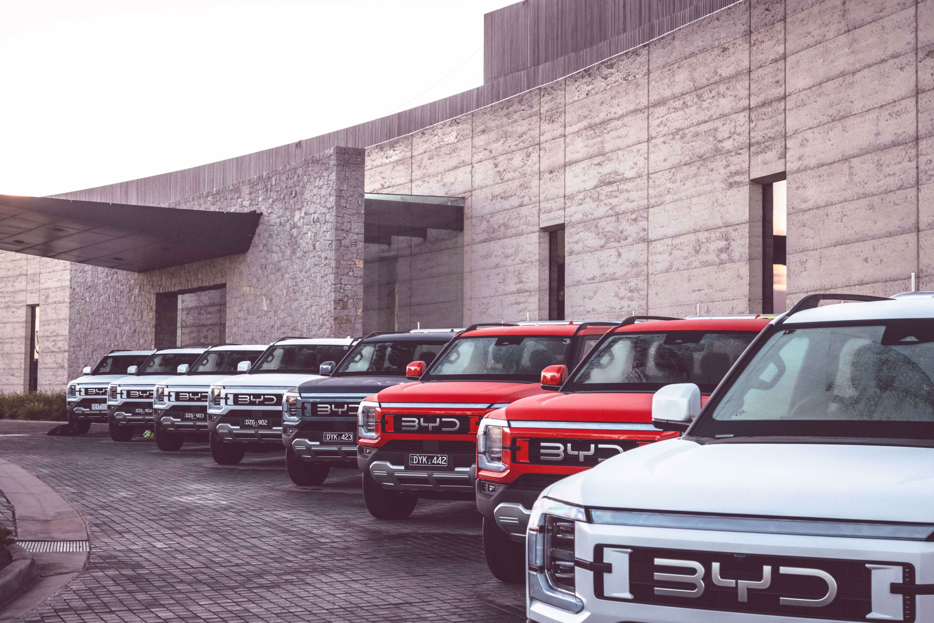 A line-up of red and white utes with BYD on the front, parked outside a brick building.